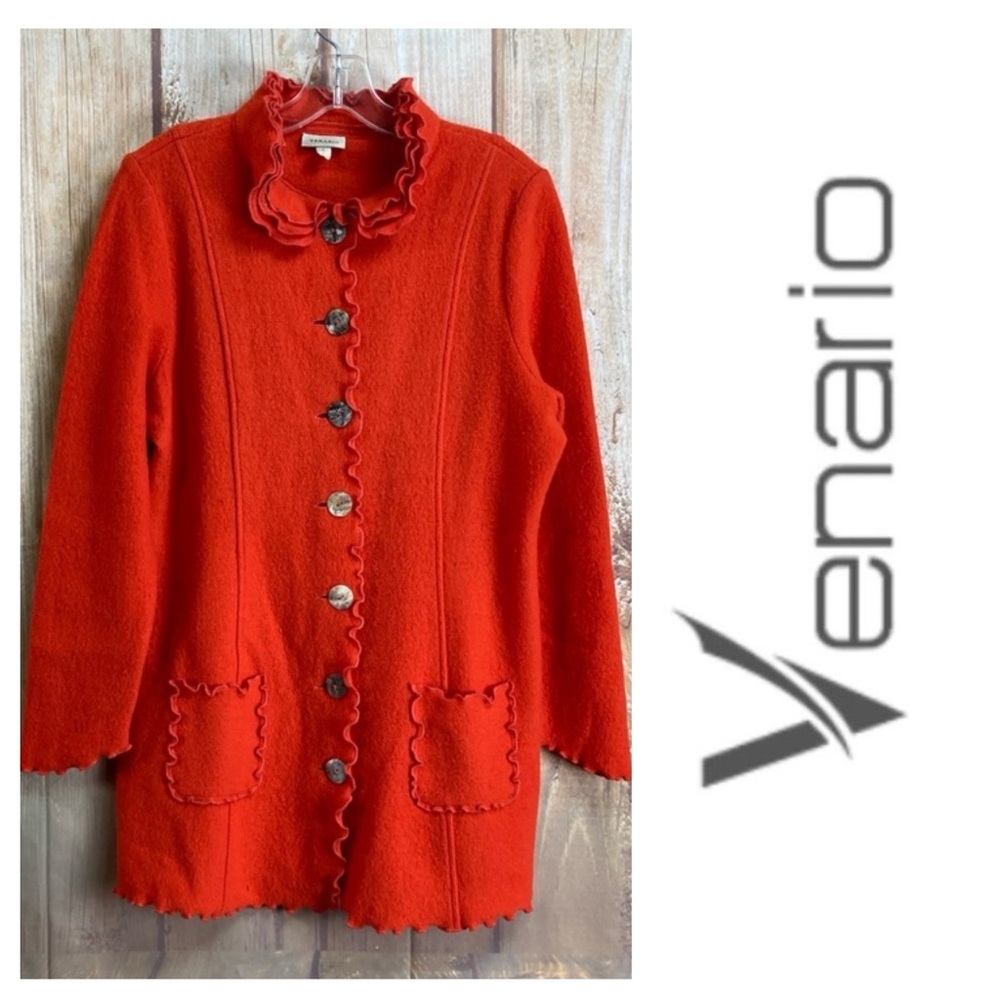 💵VANARIO Orange Wool Ruffled Cardigan Size Large